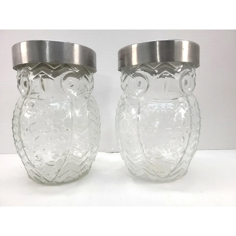 2 Circleware Owl Clear Glass Canister Silver Metal Lid 42oz Embossed